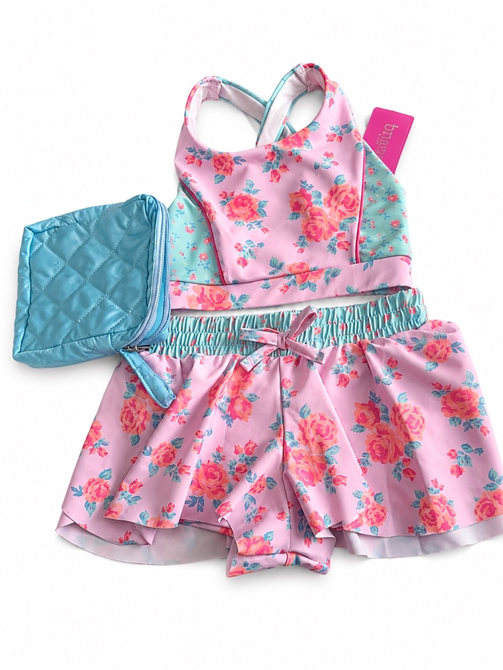 btween Active swim Pink & Aqua Floral 2 PC SWIMSUIT SET WITH SHORT & BAG